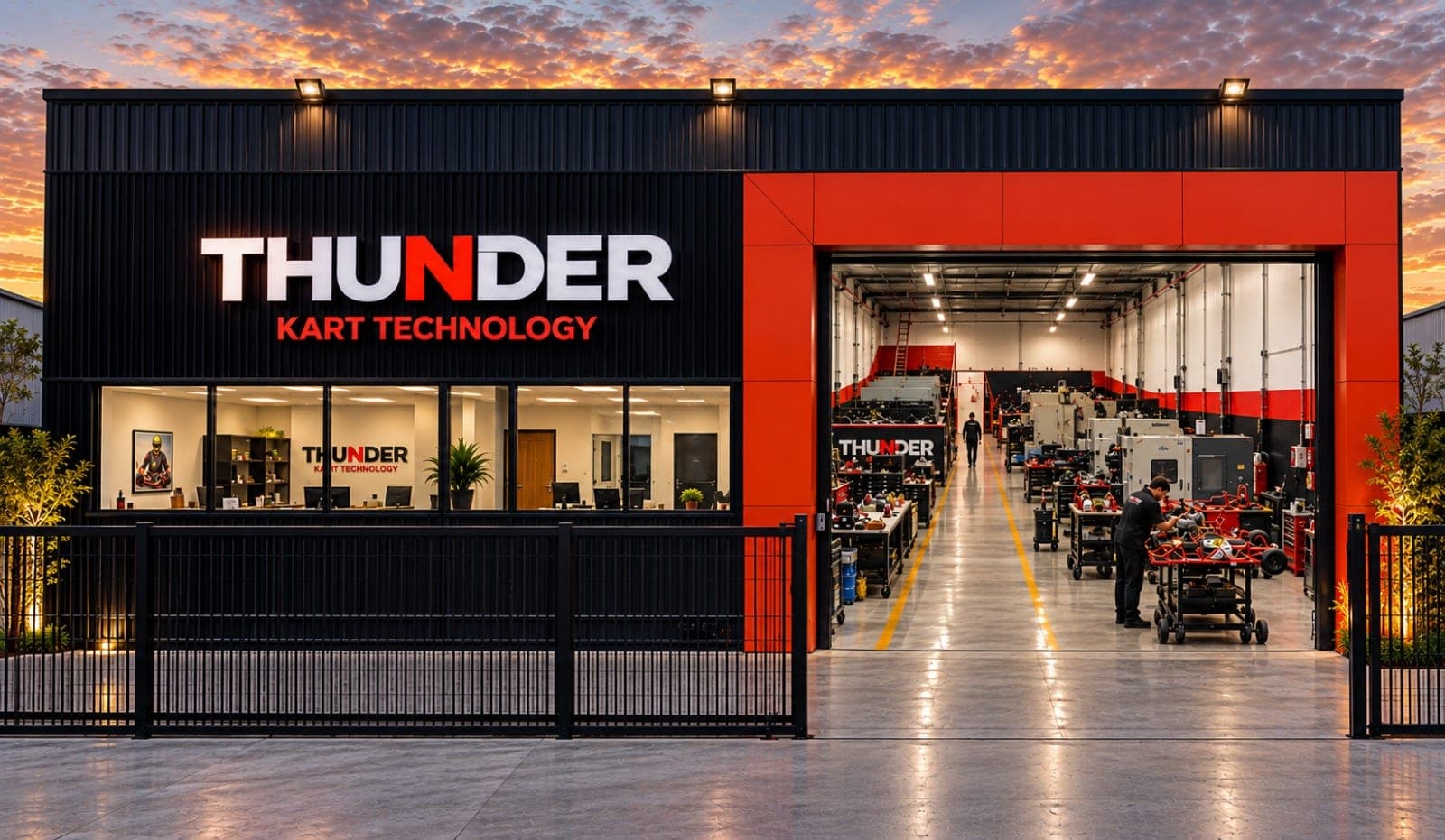 Fachada da fábrica Thunder Kart em Barueri ao entardecer