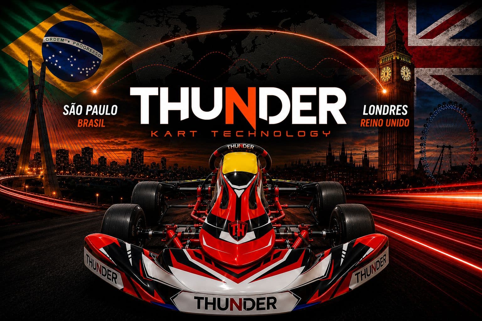 Kart Thunder de frente, entre os horizontes de São Paulo e de Londres, com as bandeiras do Brasil e do Reino Unido